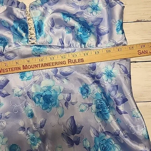 VTG 90sExpressions California Dynasty Blue Satin Floral Strappy Slip Dress Sz M - Picture 4 of 14